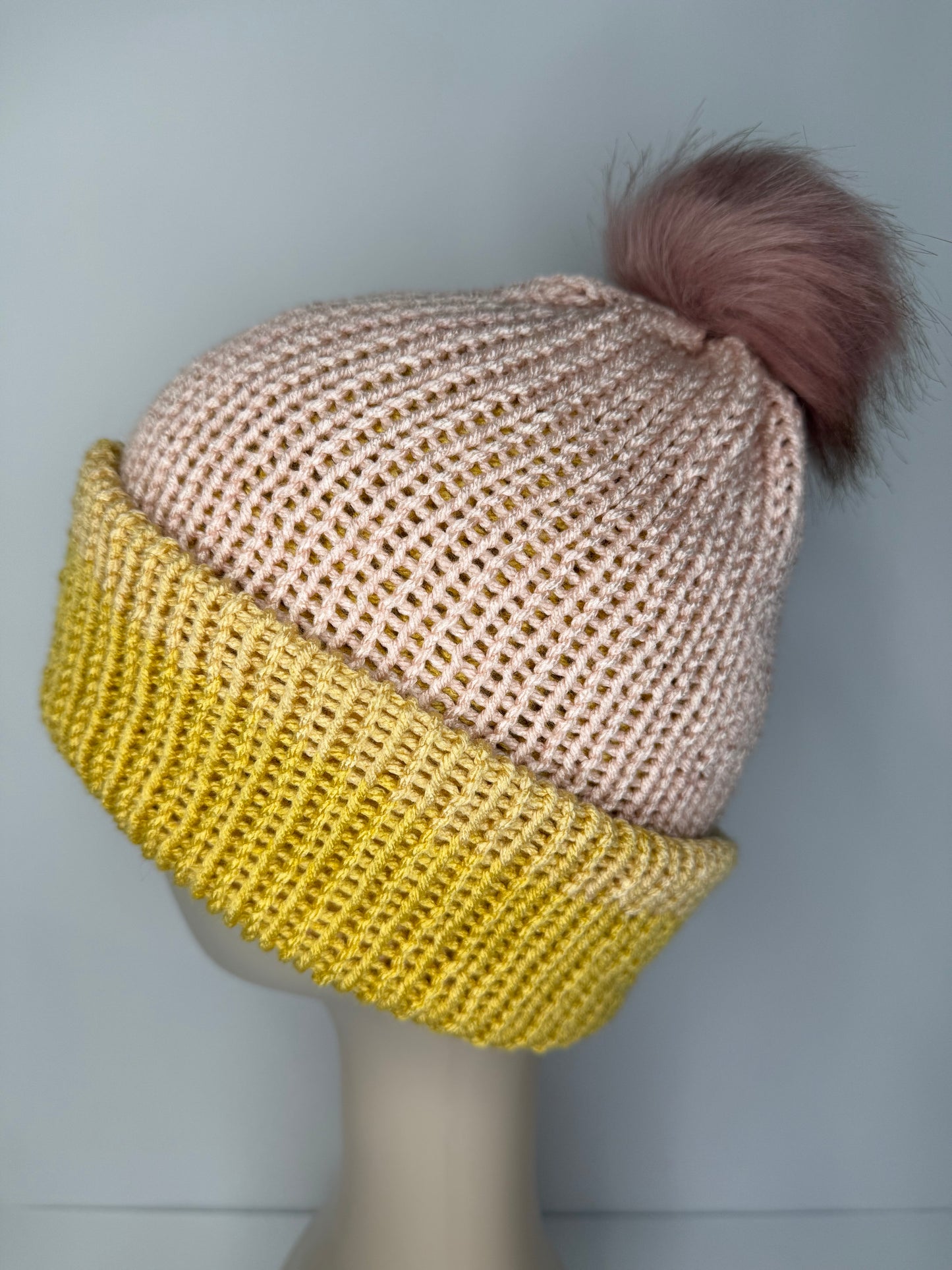 Pink/Yellow Reversible Knit Beanie