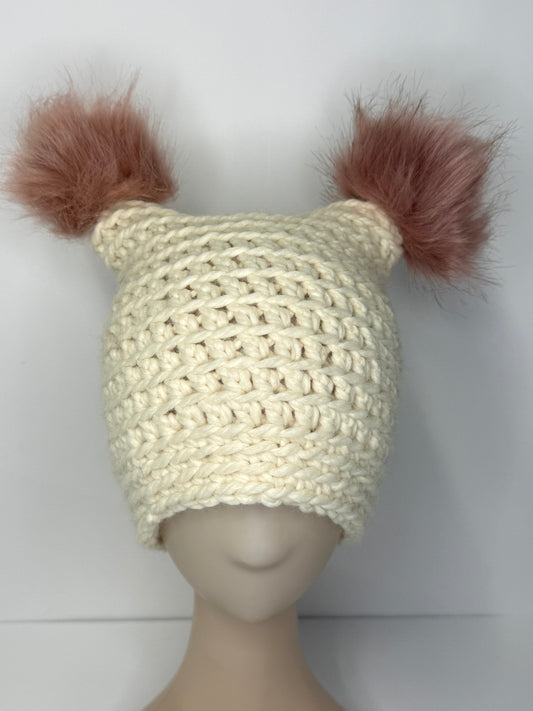 Cream Chunky Cat ear Beanie